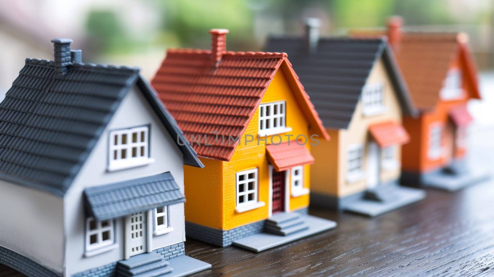 A row of miniature houses sitting on a table with one missing