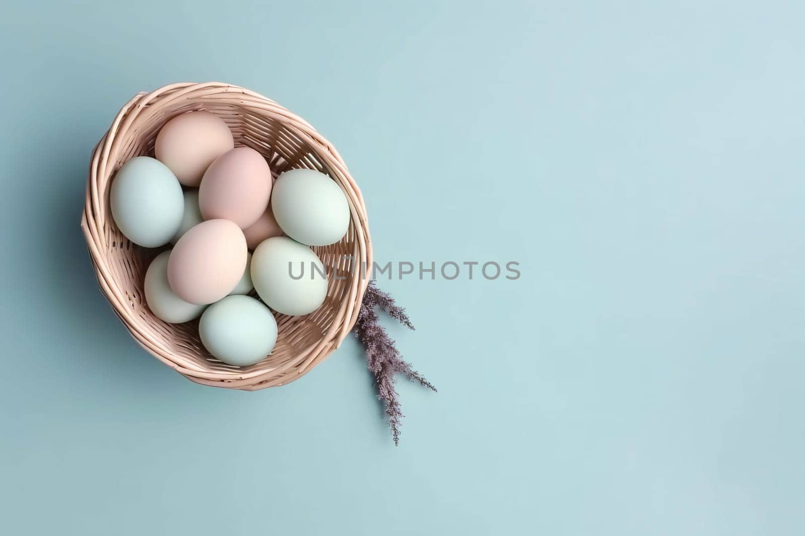 Banner: Easter eggs in a wicker basket on a blue background.