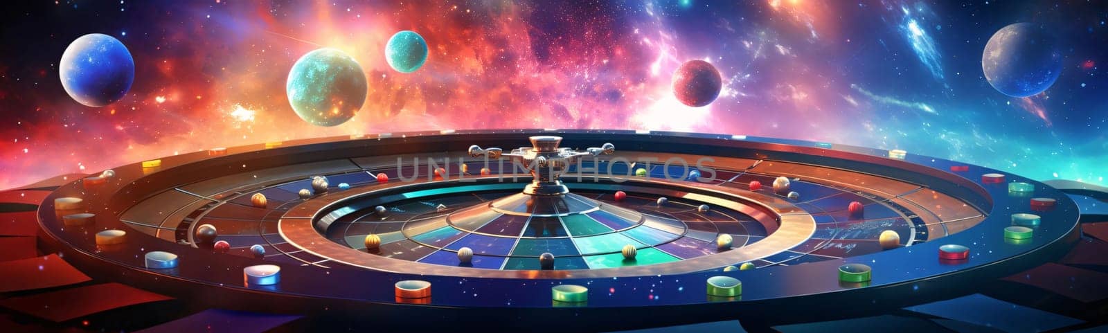 3D illustration of a spinning roulette with planets in the background by ThemesS