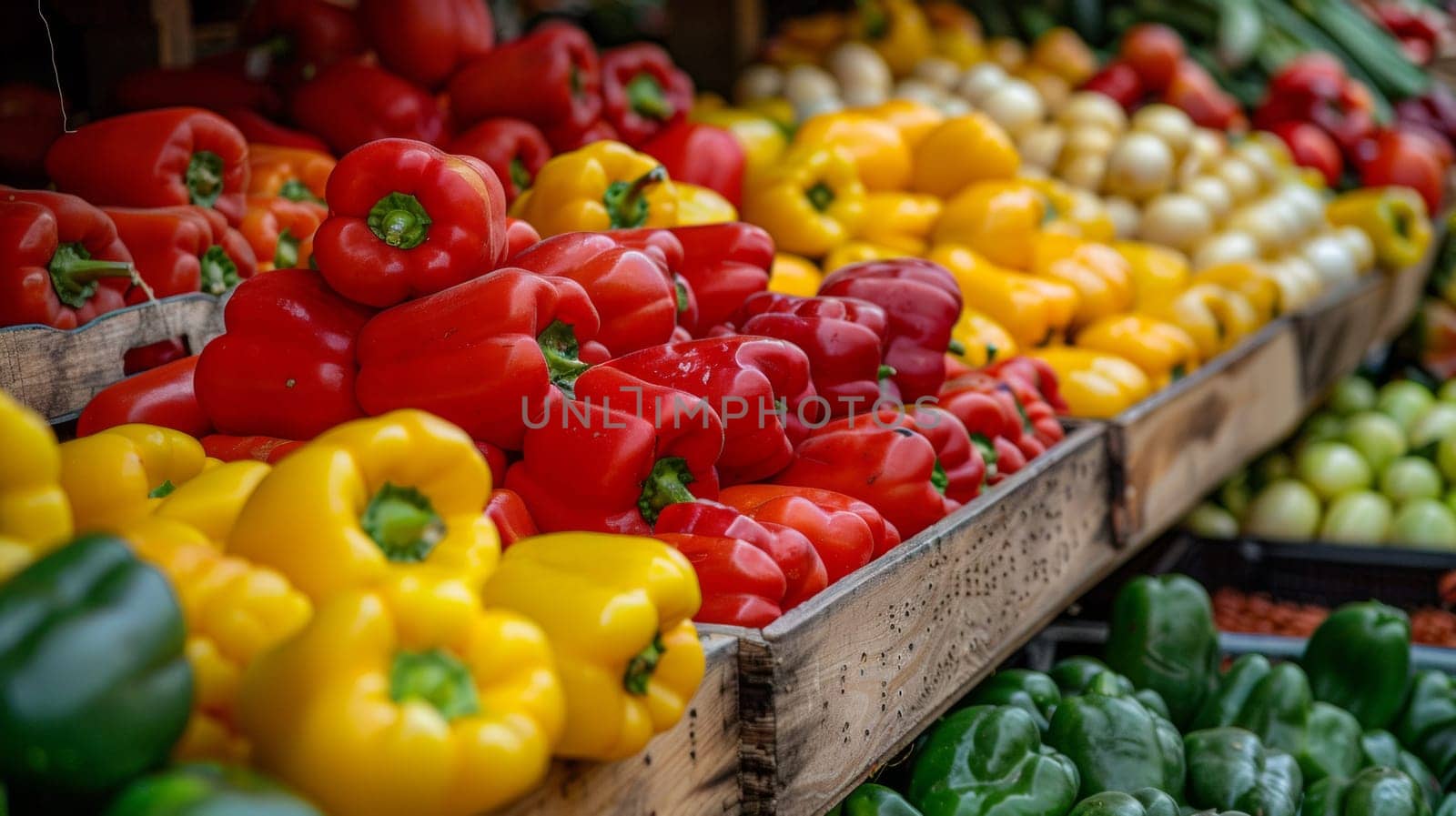 A variety of a display case filled with different types and colors of peppers