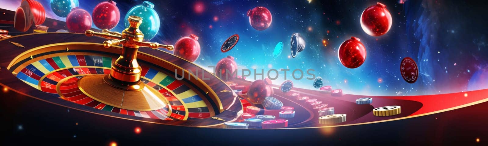 Banner: Casino roulette with red balls and chips. 3d illustration