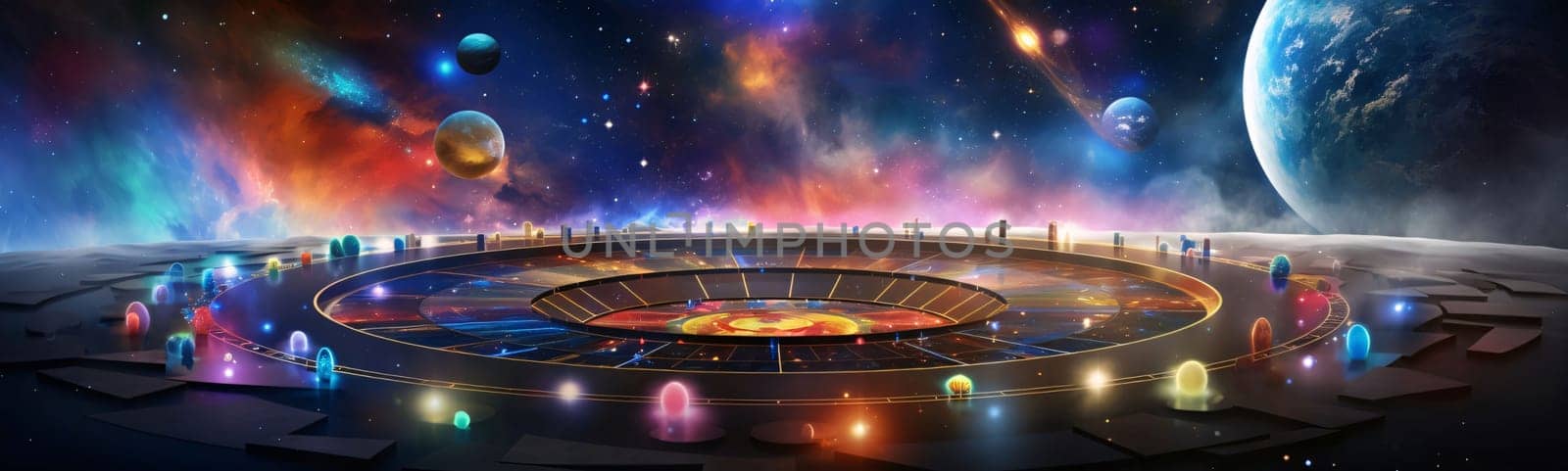 Banner: Futuristic space scene with planets and stars. 3d rendering