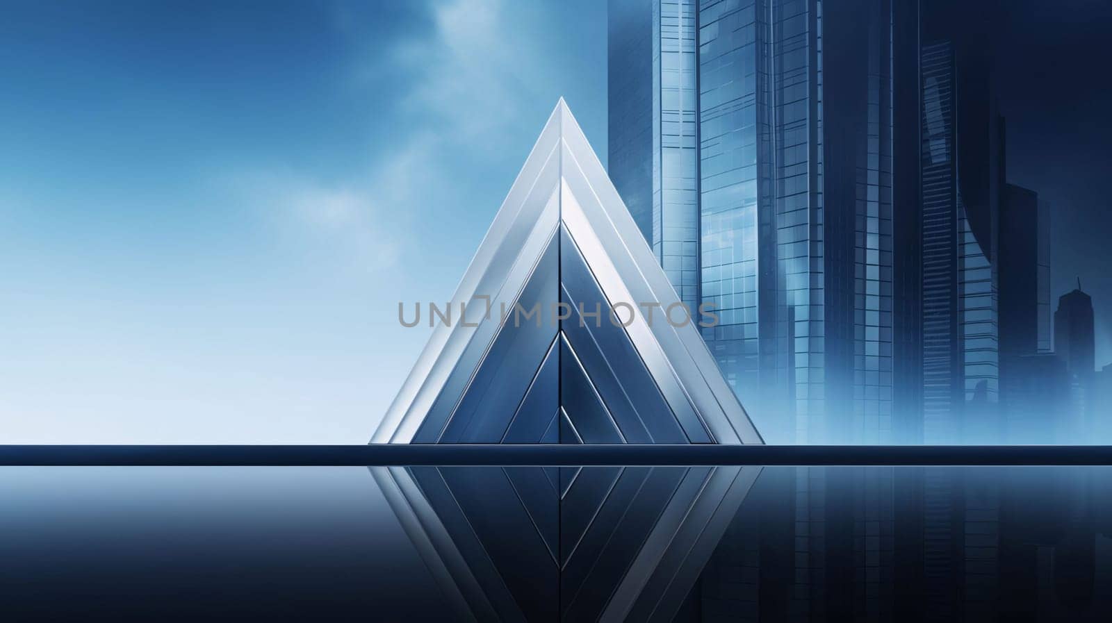 Abstract background with glass skyscrapers and reflection. 3D rendering by ThemesS