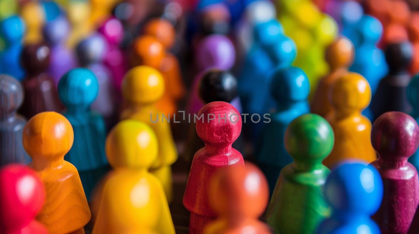 A group of brightly colored wooden people standing in a line