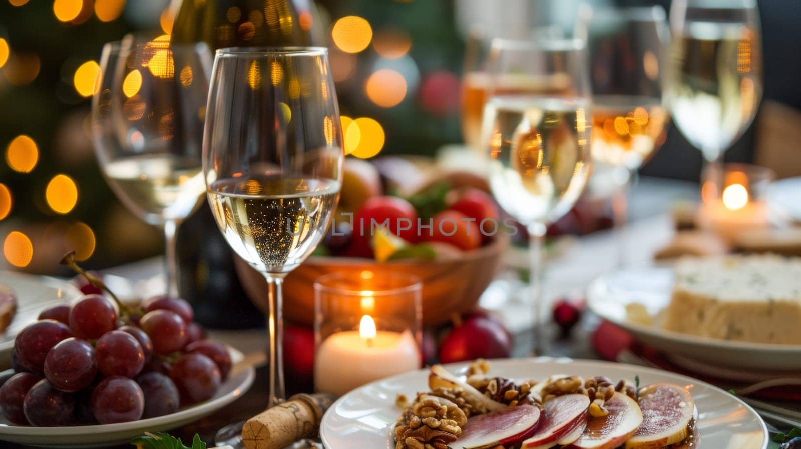 A table with plates of food and wine glasses on it