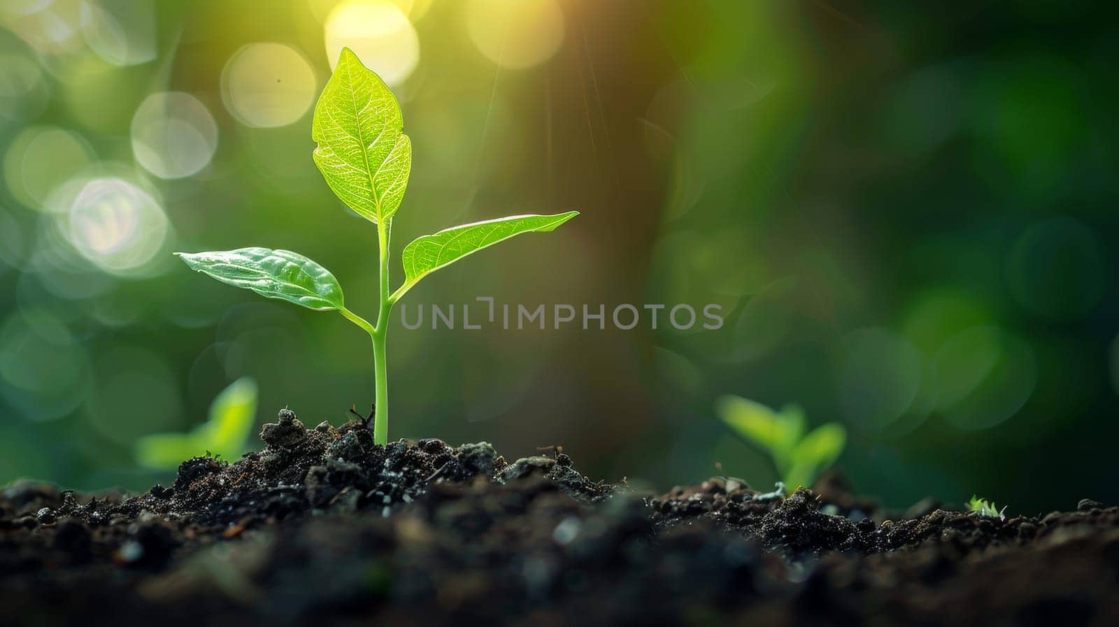A small plant sprouting from the ground in a forest