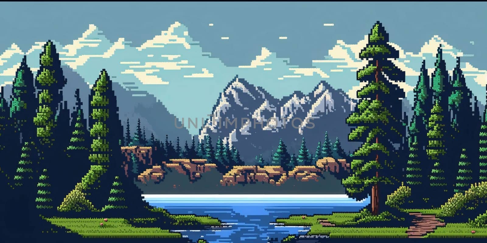 Game background with mountains and lake. Vector illustration in retro style. by ThemesS