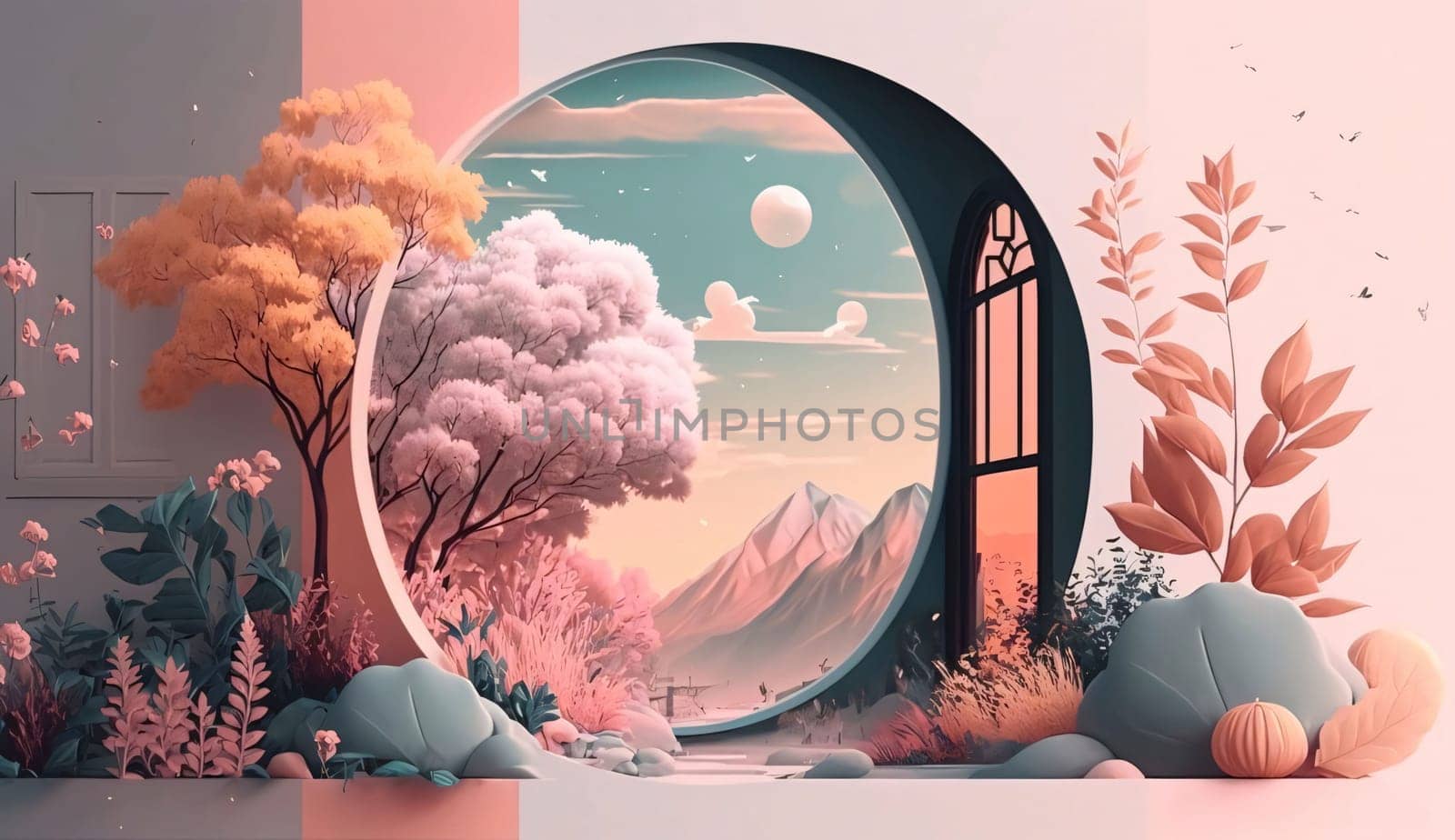 Banner: 3d illustration of a window with a view of the landscape.