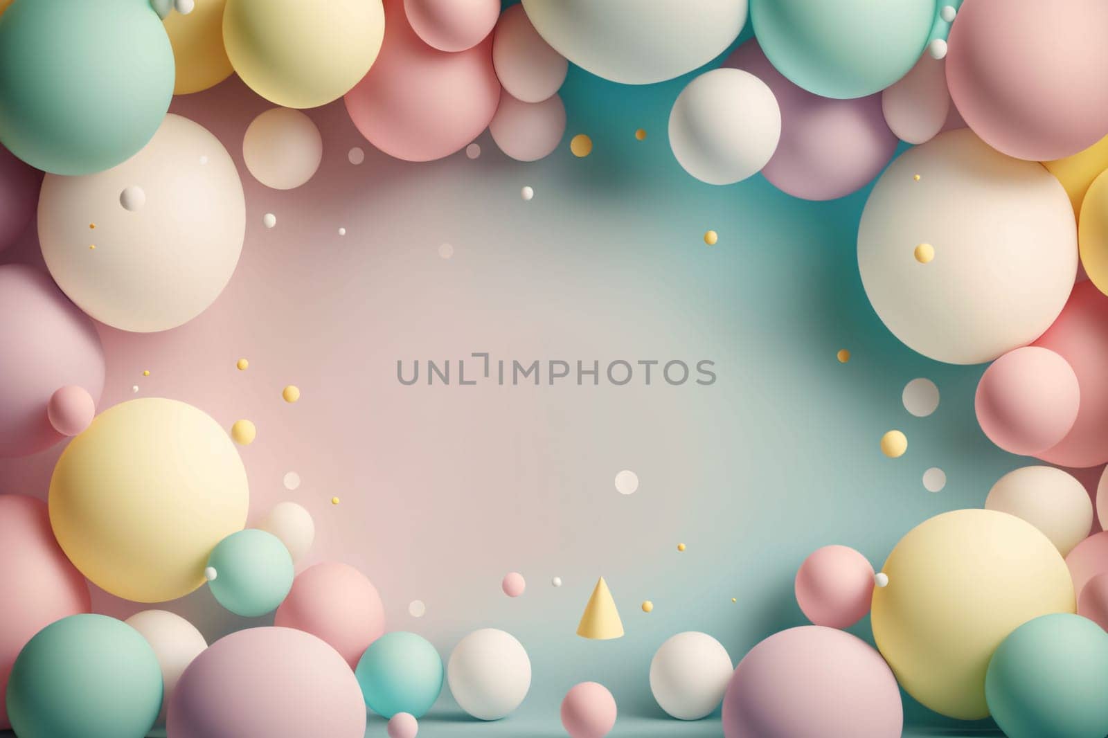 Banner: 3d render, abstract background with multicolored balloons and confetti