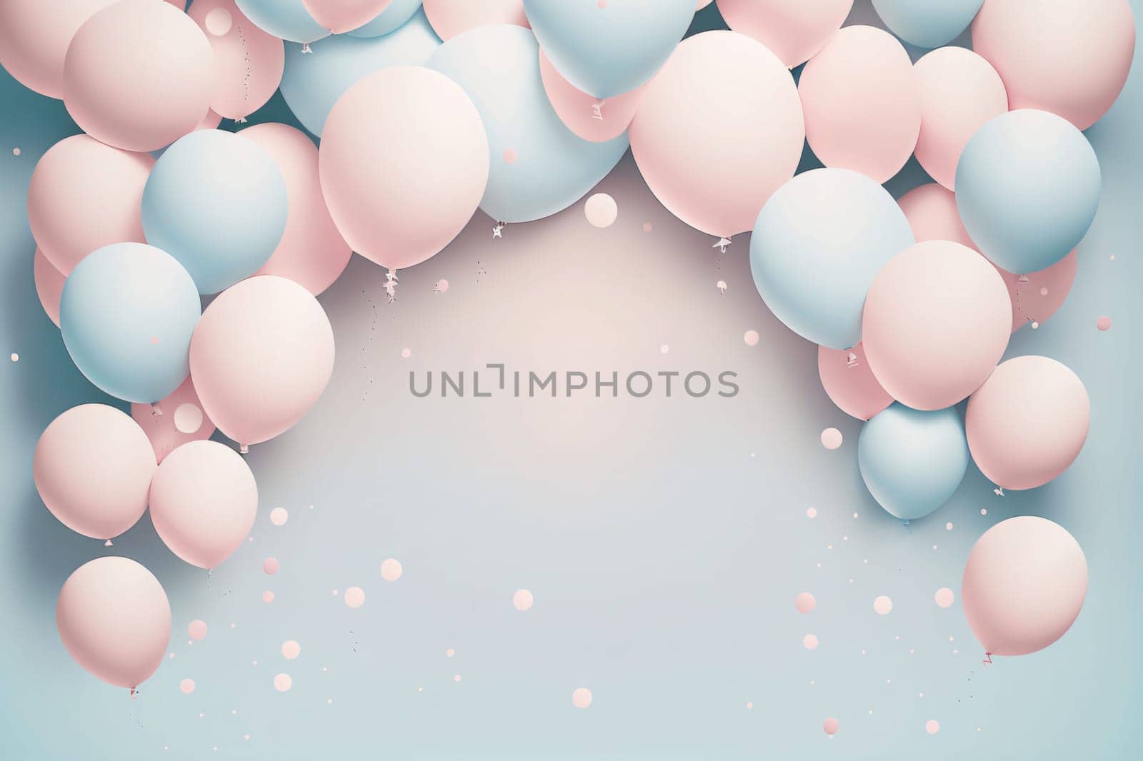 Banner: Festive background with pastel colored balloons and confetti. Vector illustration.