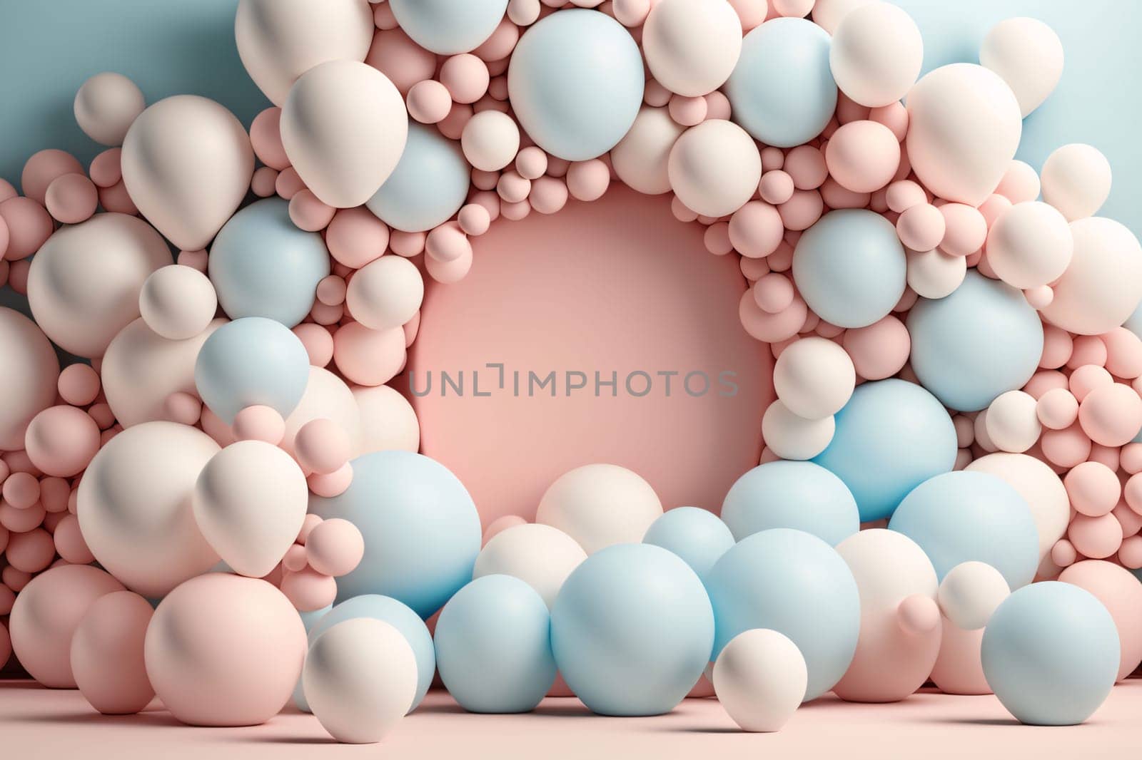 Banner: 3d rendering of pastel pink, blue and white balloons background