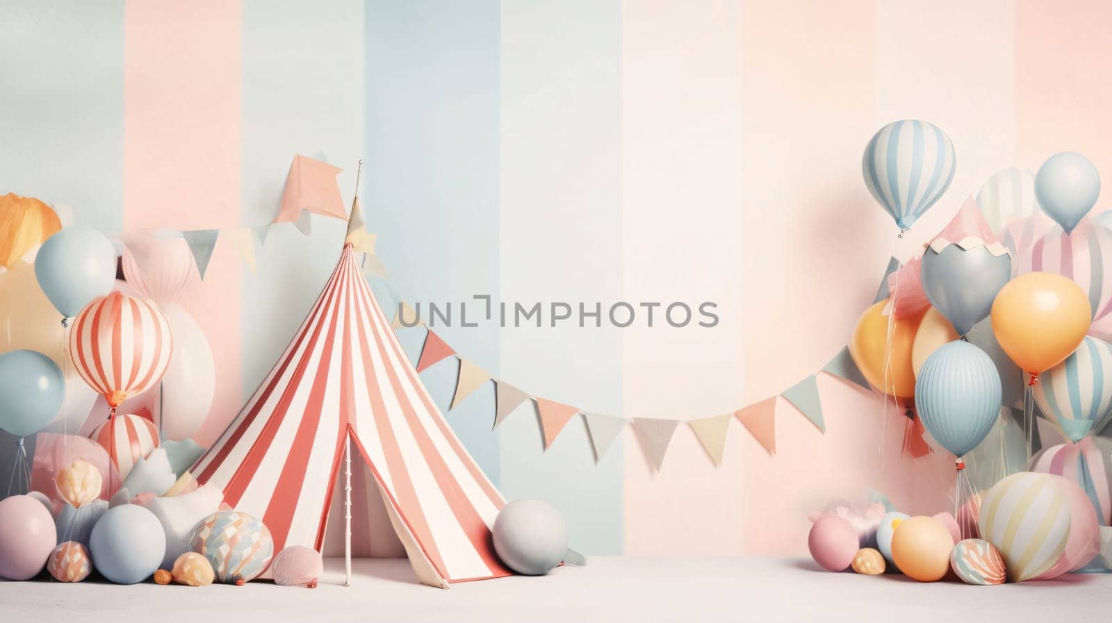 Baby shower party decoration with tent and balloons. 3D Rendering by ThemesS