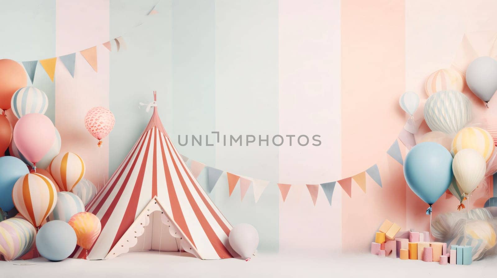 Banner: Cute kids birthday party with tent, balloons and gift boxes.