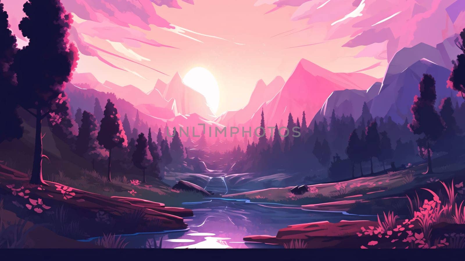 Banner: Fantasy landscape with river, mountains, forest and sunset. Vector illustration