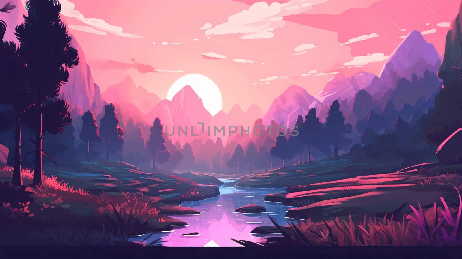 Fantasy landscape with river and mountains at sunset. Vector illustration. by ThemesS