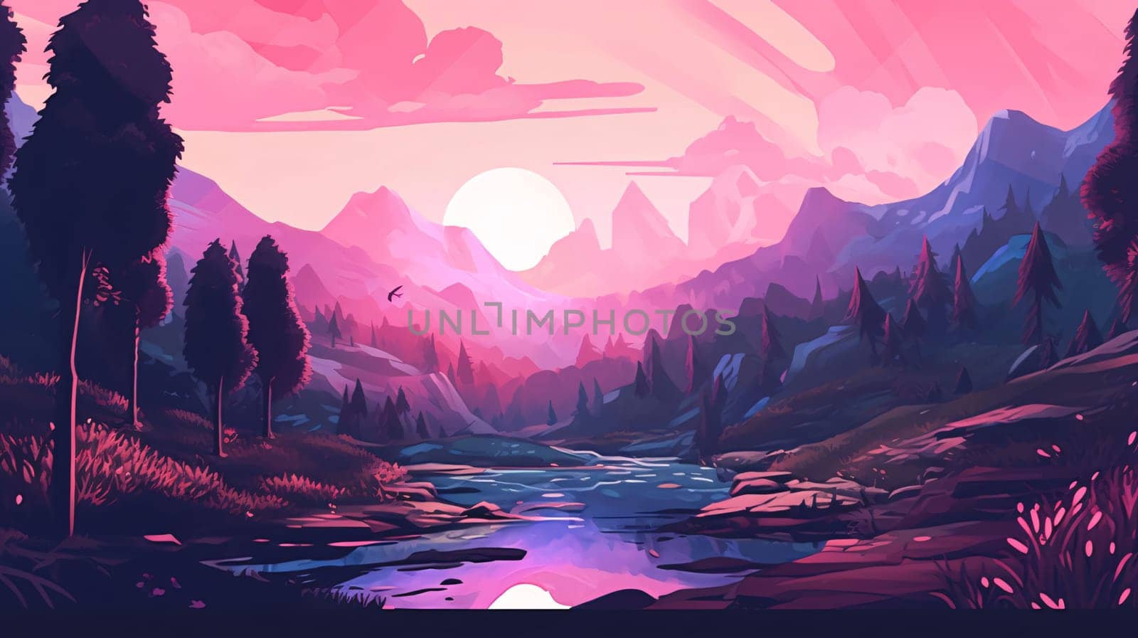 Banner: Landscape with mountains, river, forest and sunset. Vector illustration