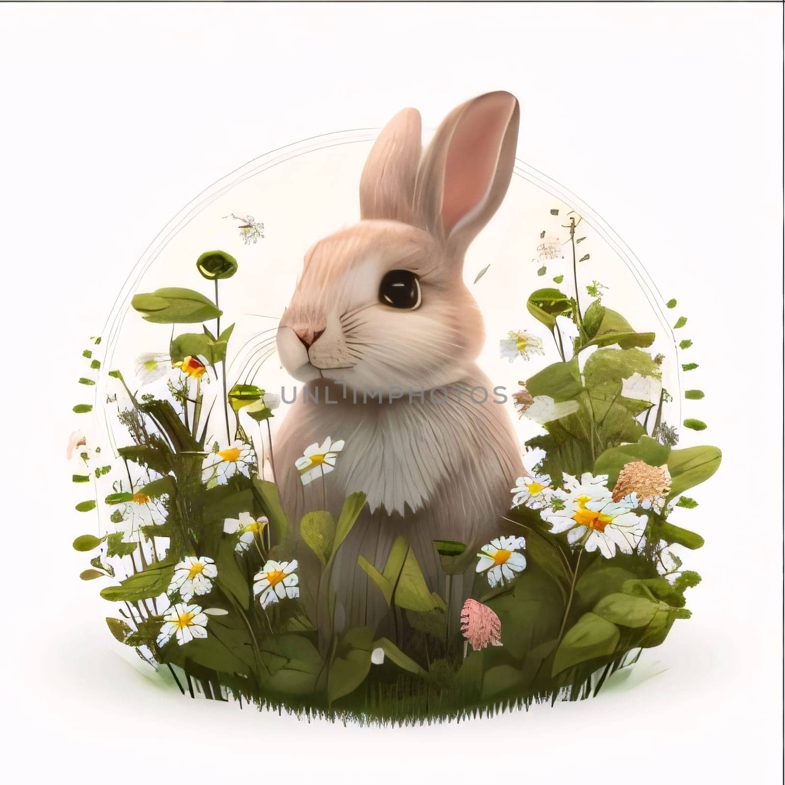 Easter rabbit: Rabbit and flowers on a white background. 3D illustration.