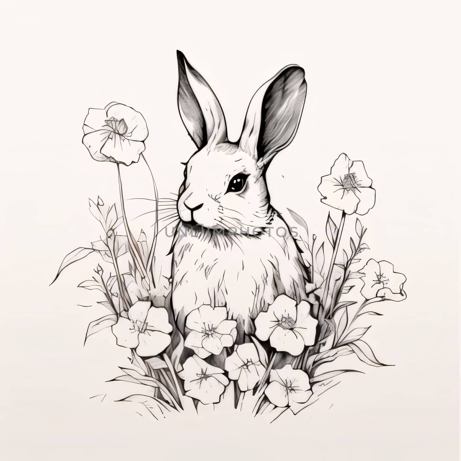 Rabbit with flowers. Hand drawn vector illustration in sketch style. by ThemesS