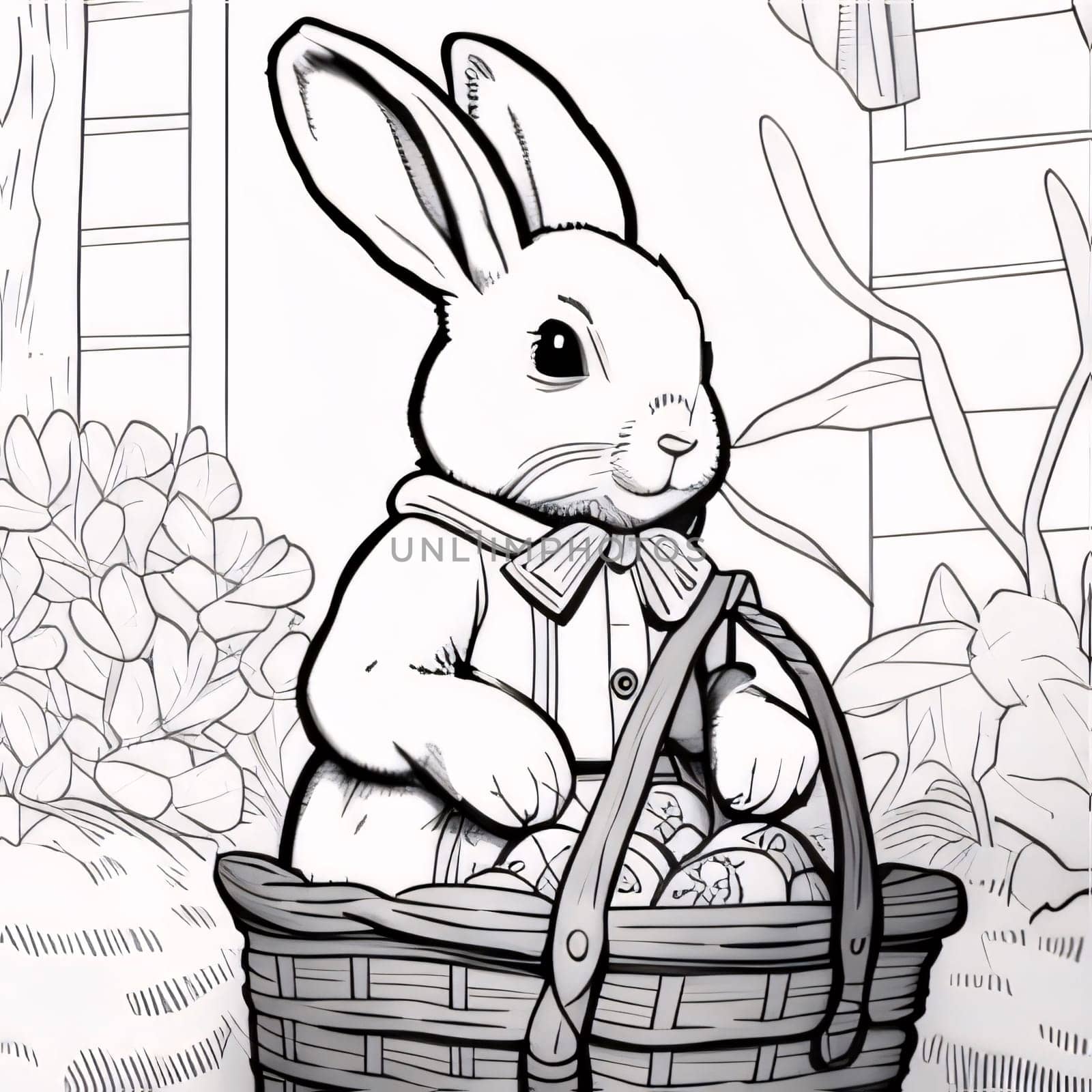 Easter rabbit: Easter bunny with basket of eggs. Hand-drawn illustration.