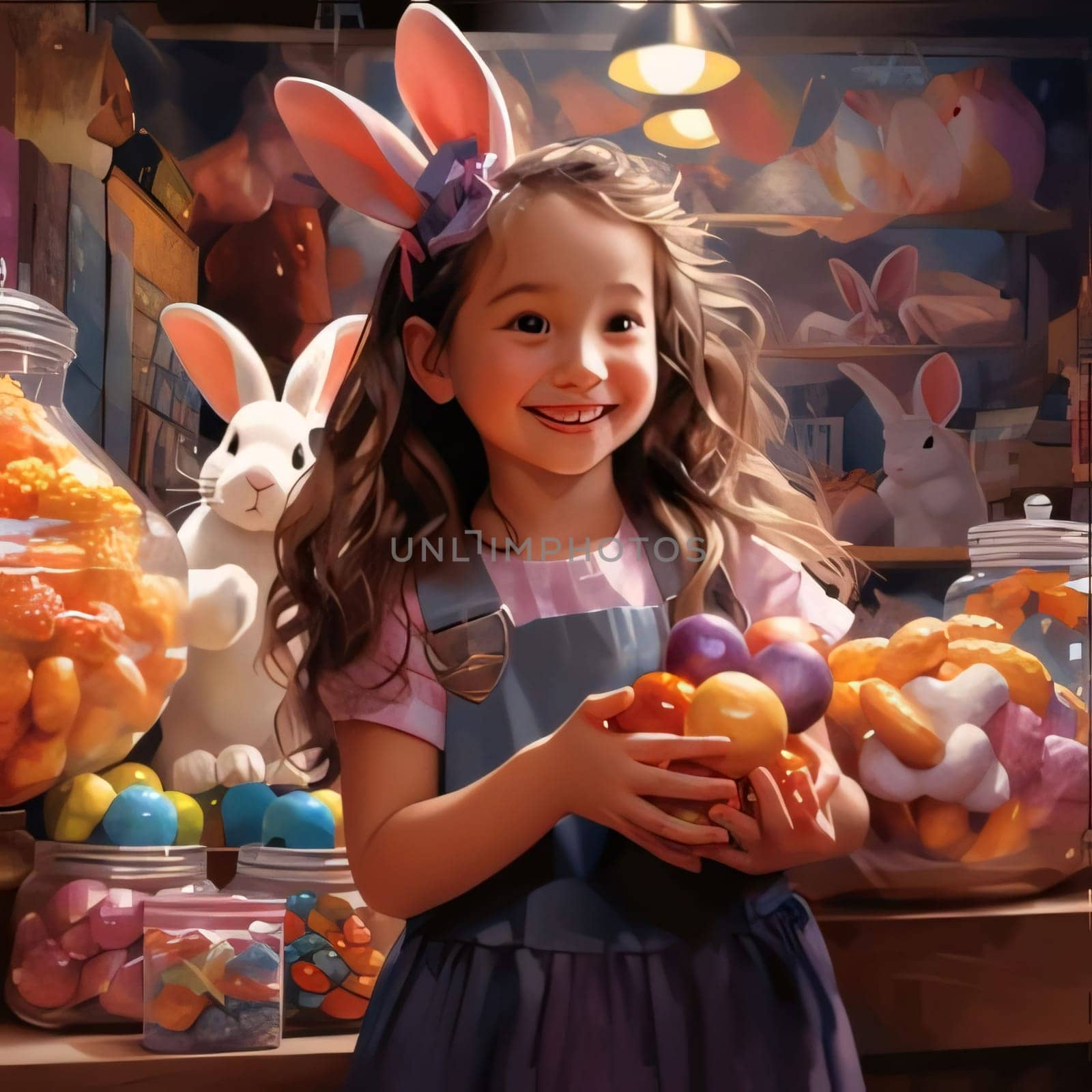 Portrait of a cute little girl with Easter eggs in a candy shop. by ThemesS