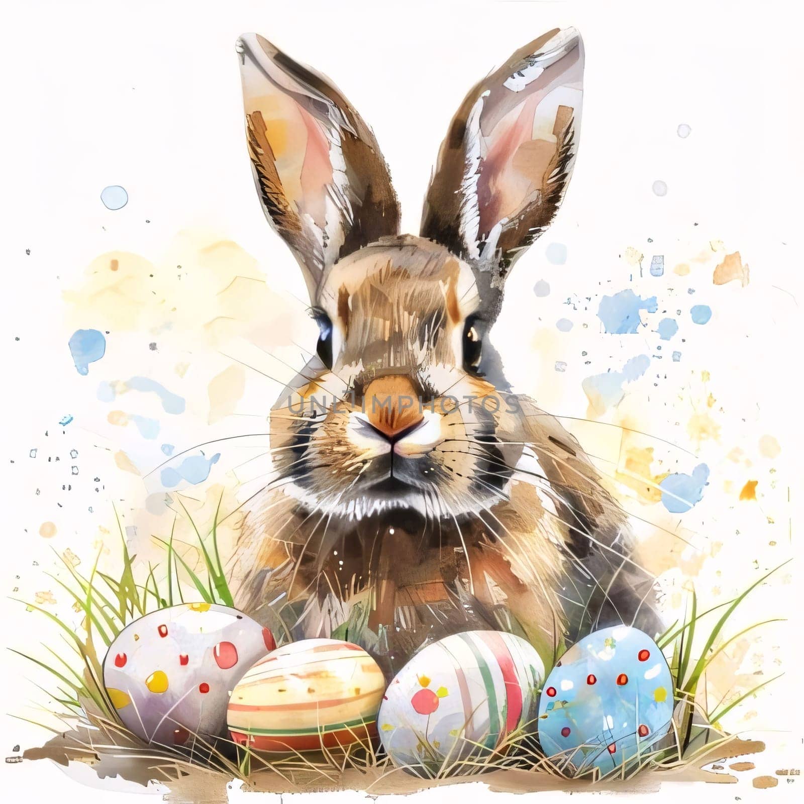 Easter rabbit: Easter illustration with easter bunny and painted eggs on a white background