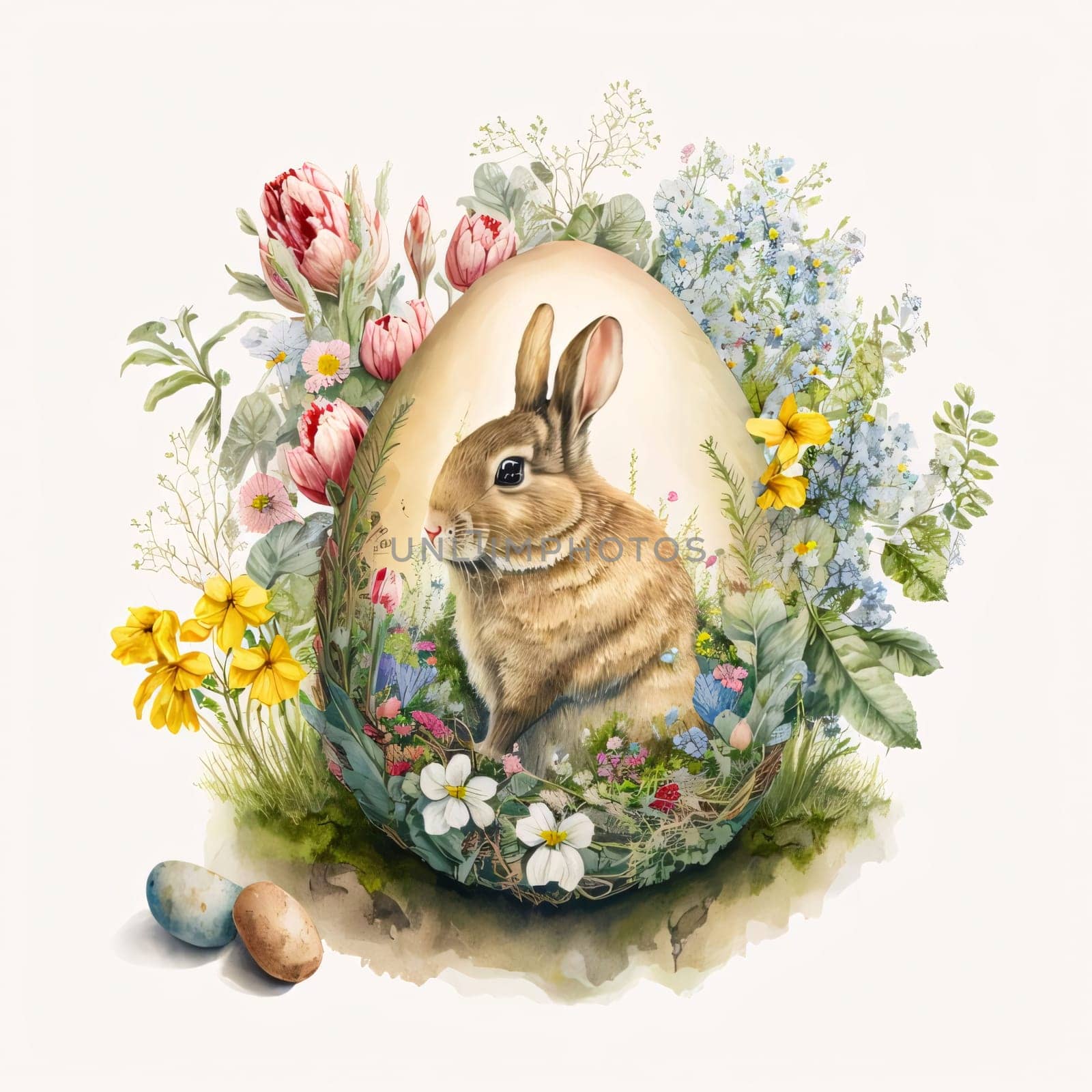 Easter rabbit: Easter egg with bunny and spring flowers. Watercolor illustration.