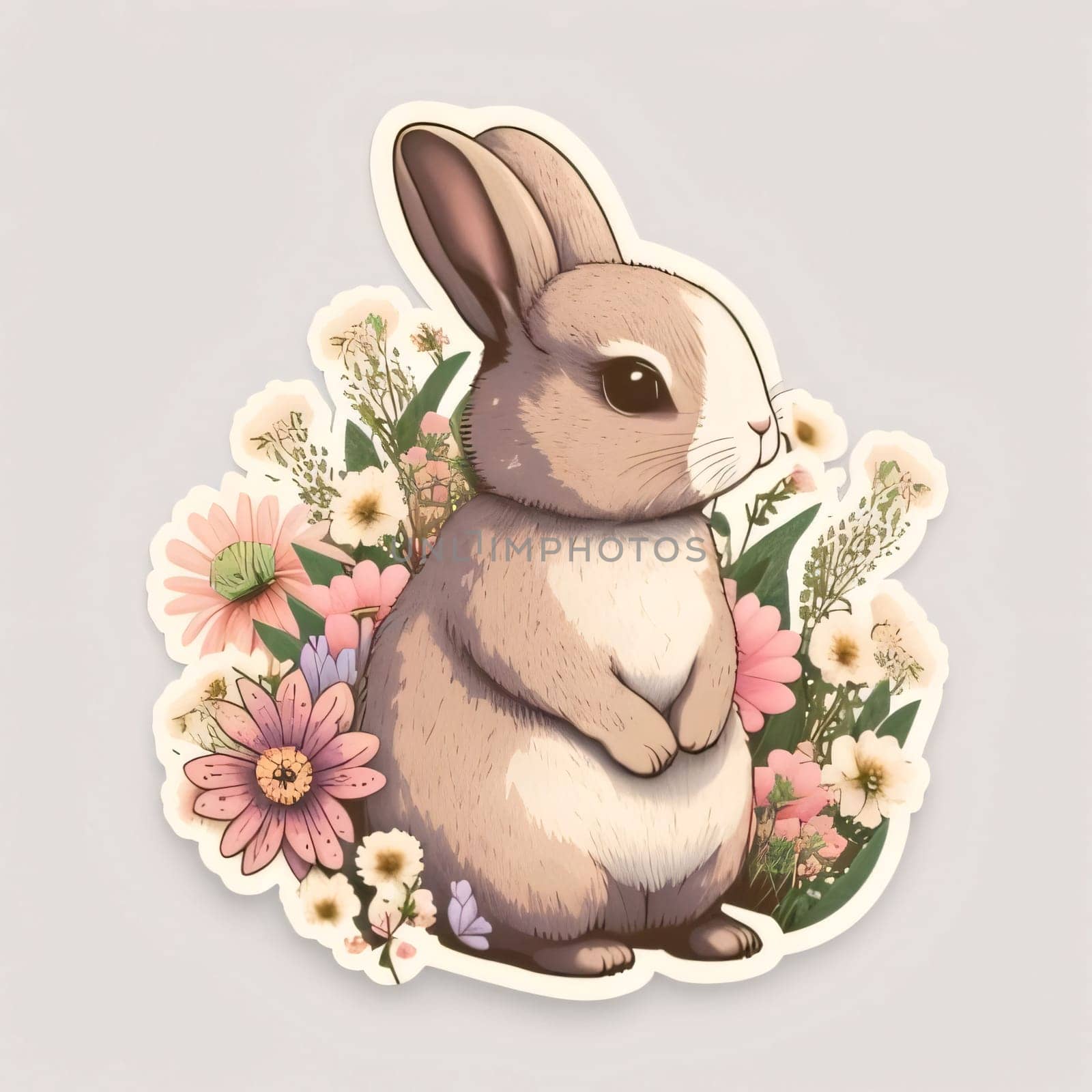 Easter card with cute rabbit, flowers and leaves. Vector illustration. by ThemesS