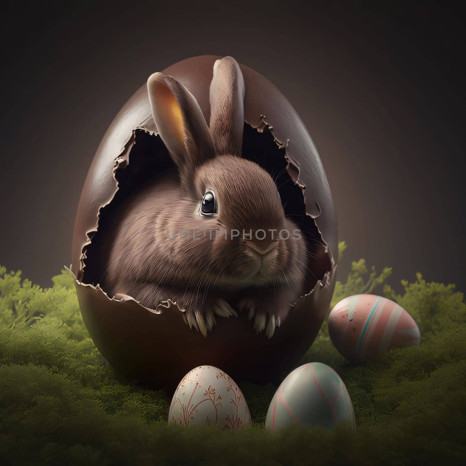 Easter bunny coming out of an eggshell, 3d render by ThemesS