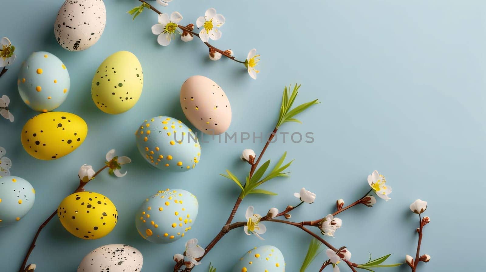 Feasts of the Lord's Resurrection: Easter eggs and spring flowers on blue background. Top view.