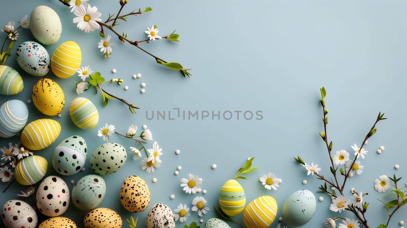 A festive Easter arrangement featuring painted eggs, fresh spring flowers, and a serene blue background, ideal for the holiday season.