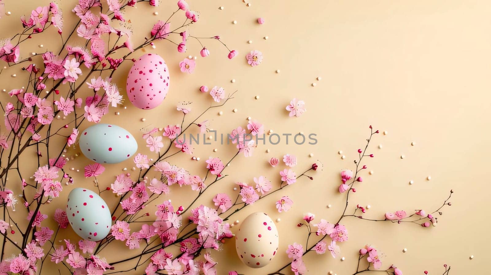 Easter eggs and blooming branches on beige background, flat lay by ThemesS