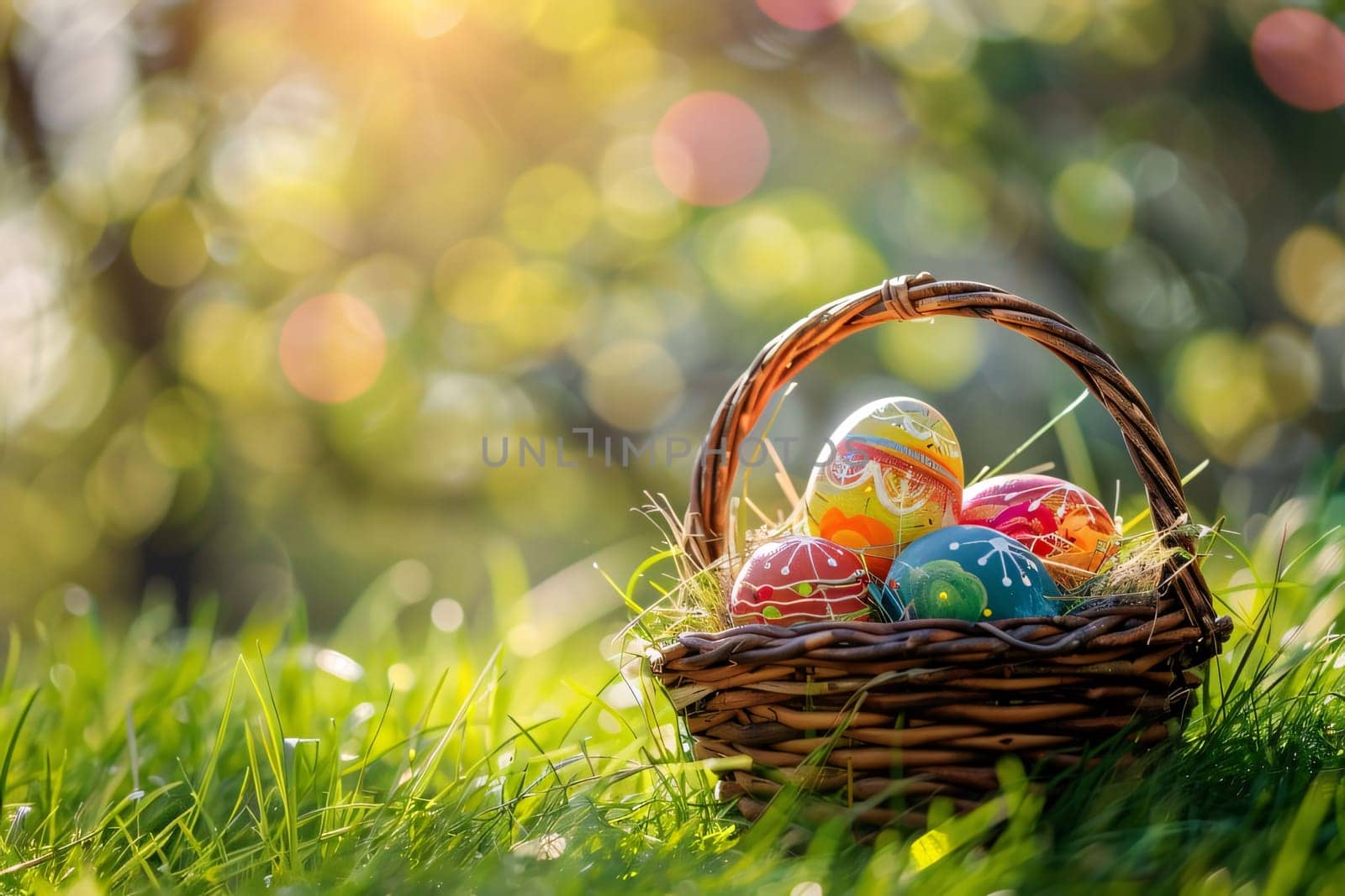 Easter eggs in a basket on green grass with bokeh background by ThemesS