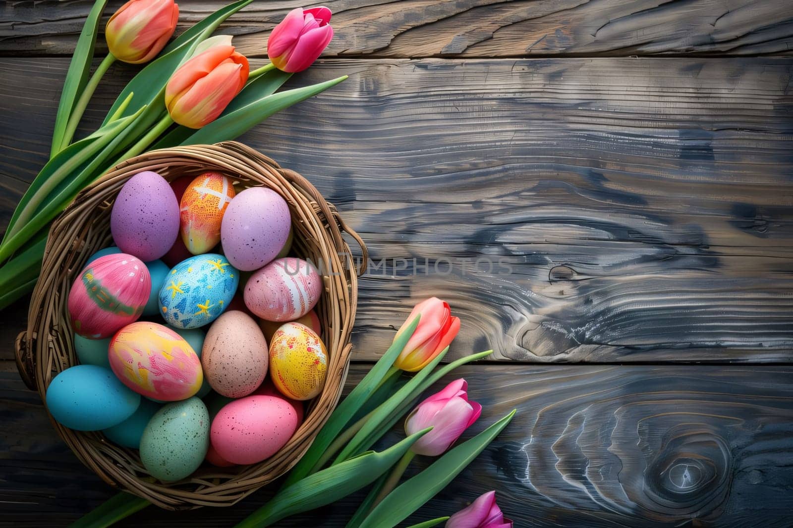 A vibrant display of Easter eggs in a basket with fresh tulips on a rustic wooden background, symbolizing springtime festivity.