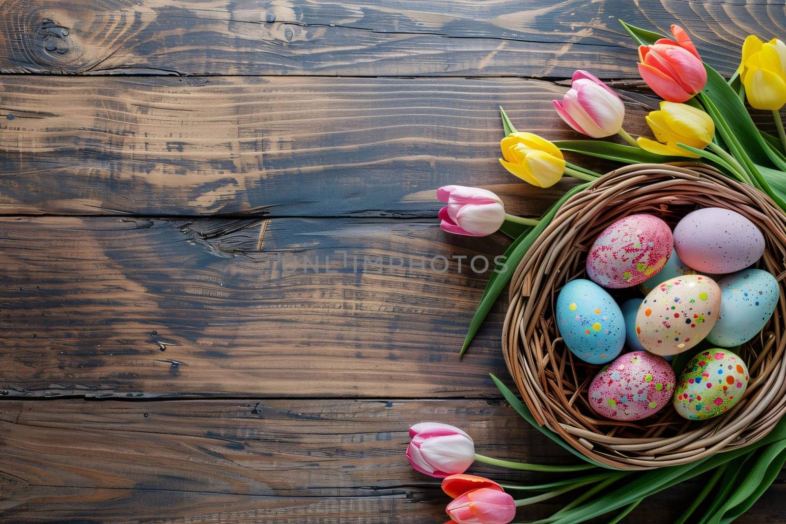 Colorful easter eggs in basket with tulips on wooden background by ThemesS