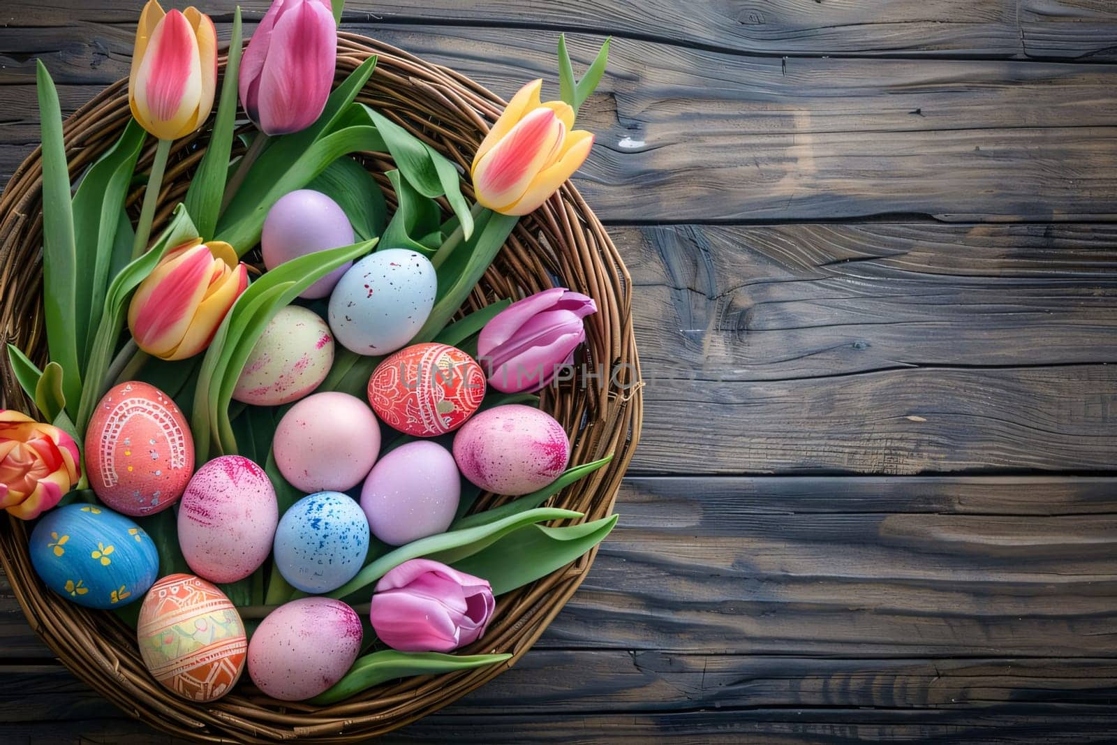 Feasts of the Lord's Resurrection: Easter eggs in basket with tulips on rustic wooden background