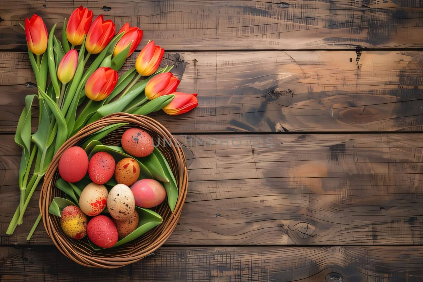 Easter eggs and tulips on wooden background. Top view with copy space by ThemesS