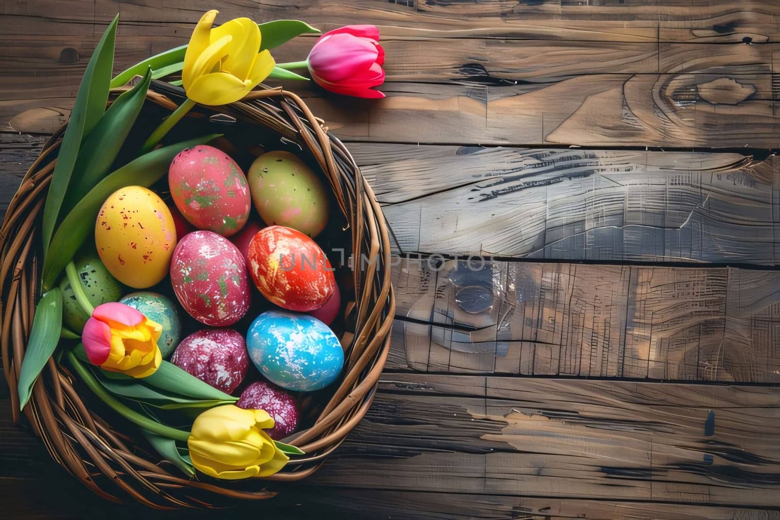 Easter eggs in basket with tulips on rustic wooden background by ThemesS