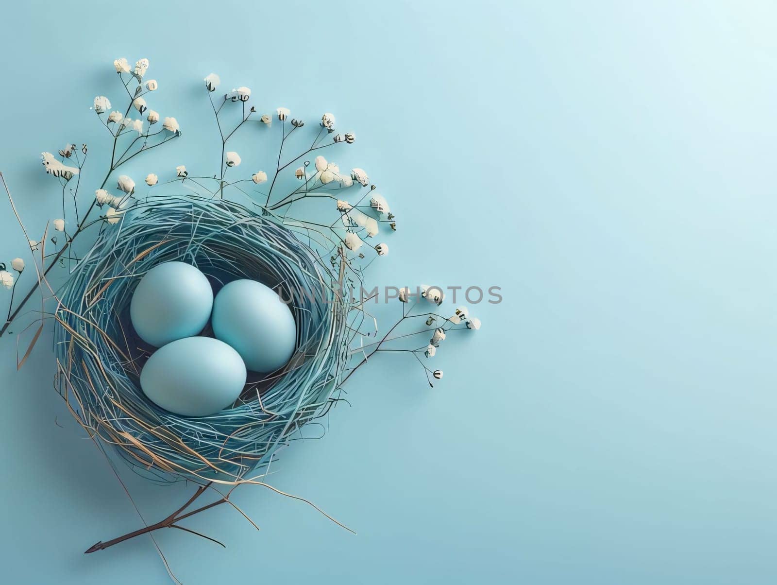 Blue easter eggs in a nest with white flowers on a blue background by ThemesS