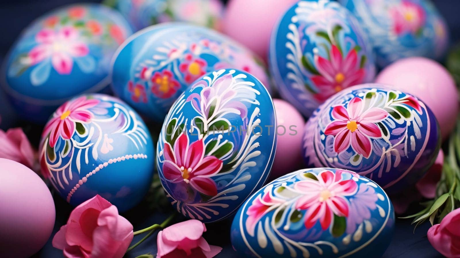 Painted Easter eggs on a background of pink flowers, close-up by ThemesS