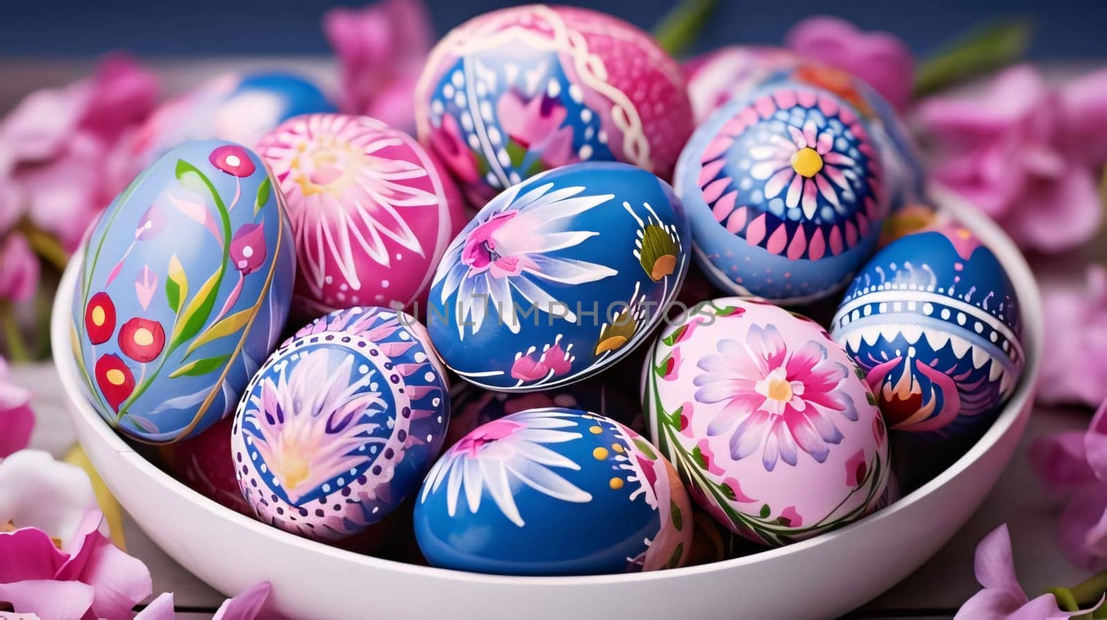 Painted Easter eggs in a bowl on a background of spring flowers by ThemesS