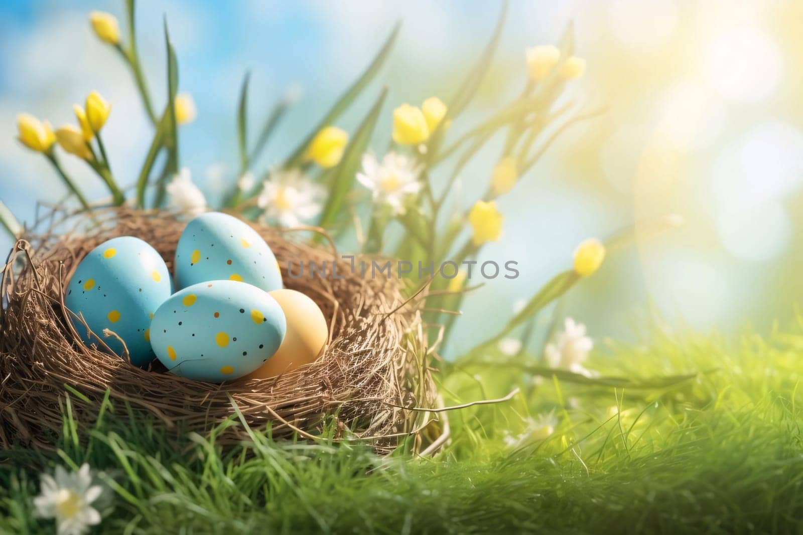 Colorful easter eggs in nest with spring flowers on green grass by ThemesS