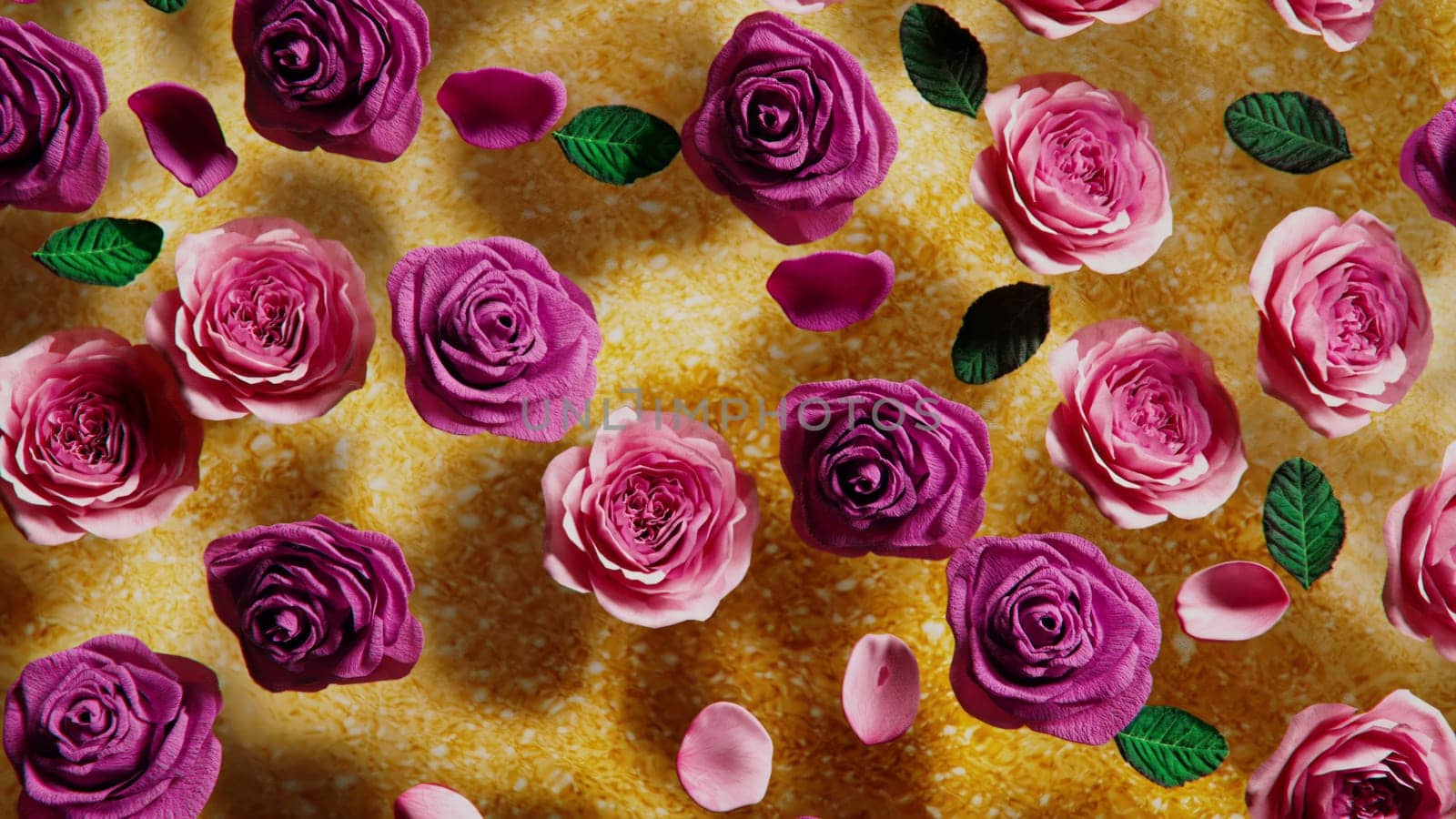 3d render roses with petals float on the water on a golden background in 4k