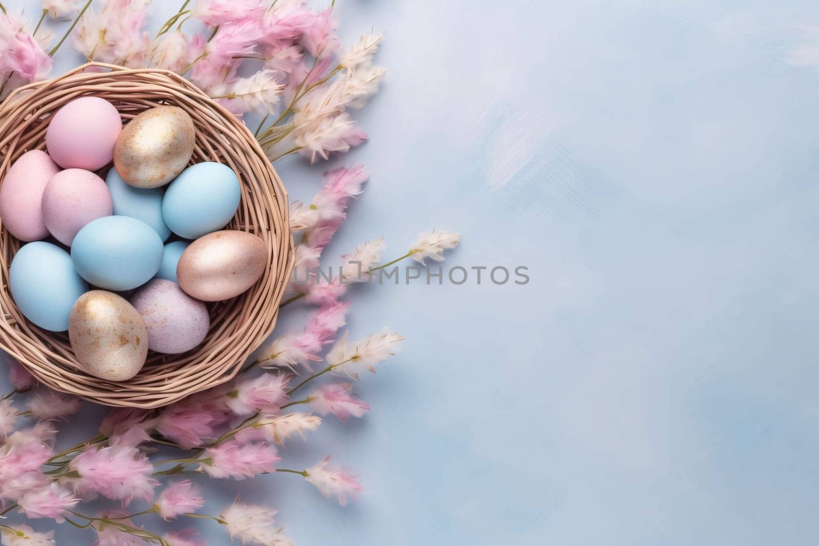 Easter eggs in a basket on a blue background with pink flowers by ThemesS