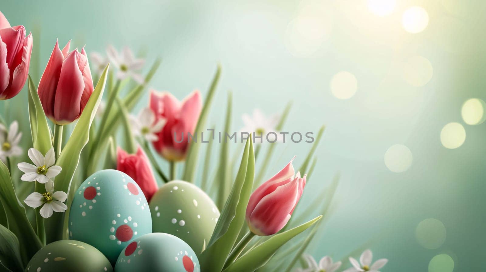Feasts of the Lord's Resurrection: Easter eggs and tulips on green bokeh background with copy space