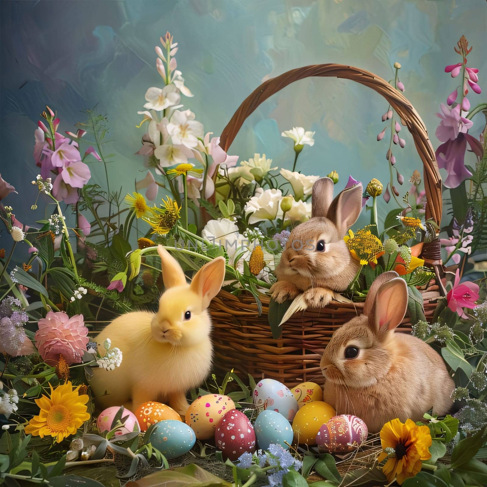 Easter bunnies with basket of flowers and easter eggs by ThemesS