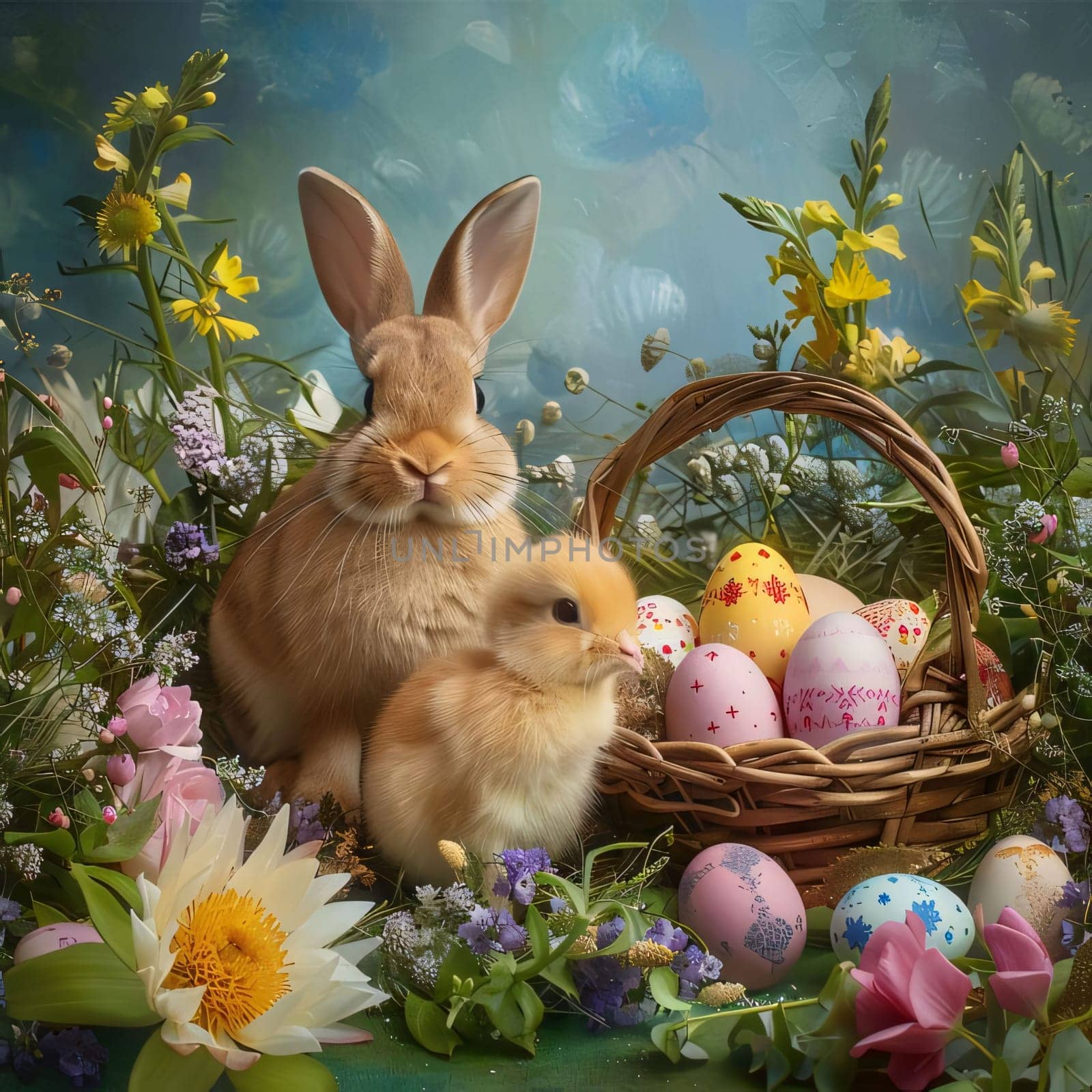 Feasts of the Lord's Resurrection: Easter bunny and eggs in a basket on a background of spring flowers