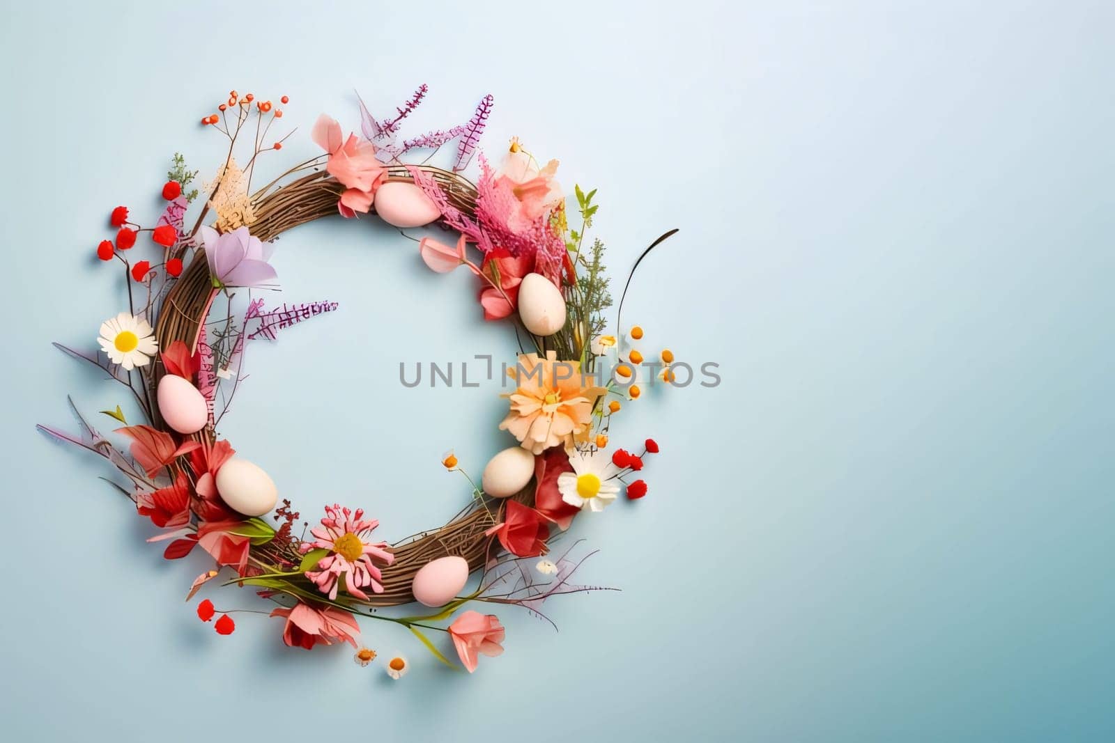 Feast of the Lord's Resurrection: Easter wreath with flowers and eggs on a blue background.