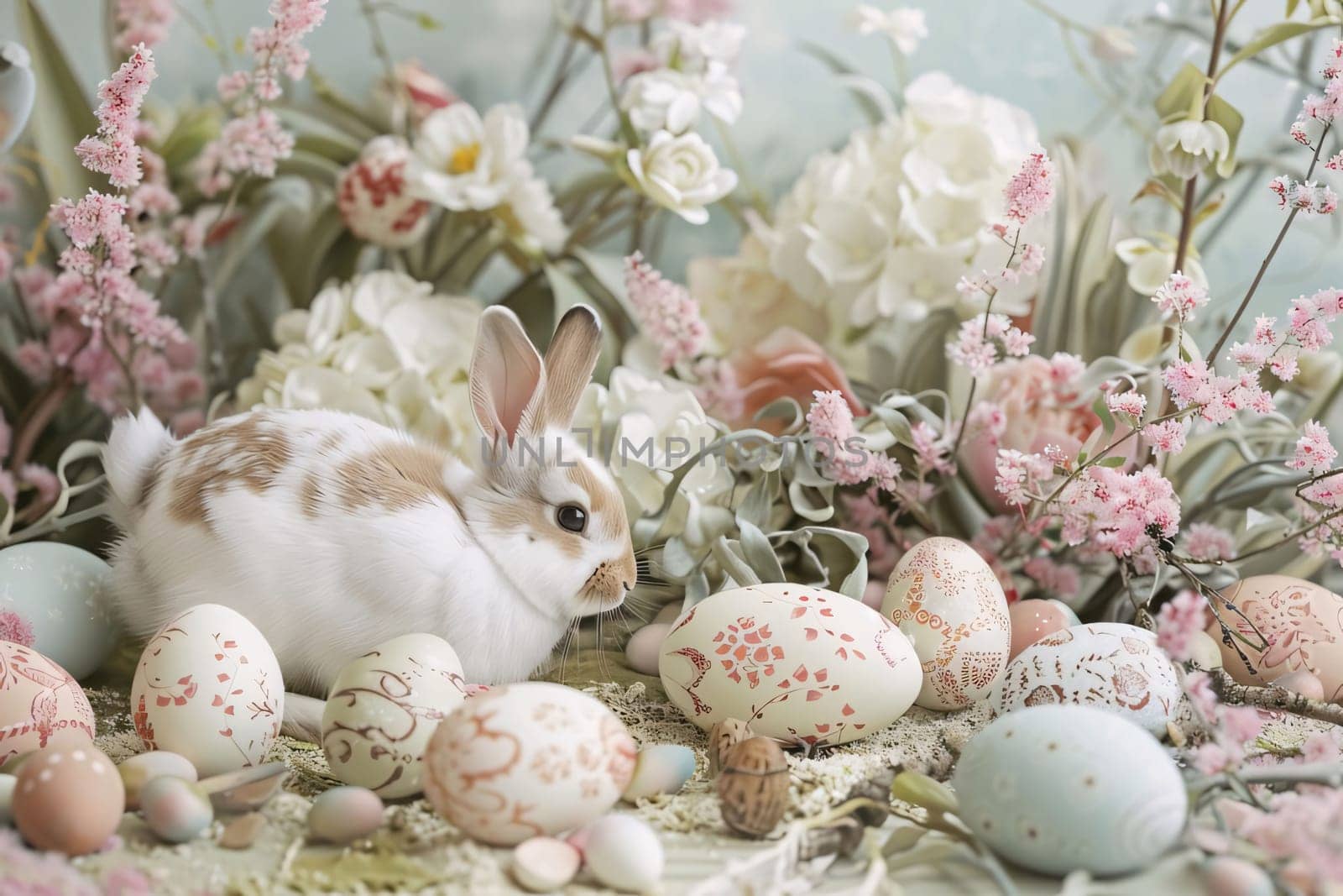 Easter bunny with easter eggs and spring flowers on wooden background by ThemesS