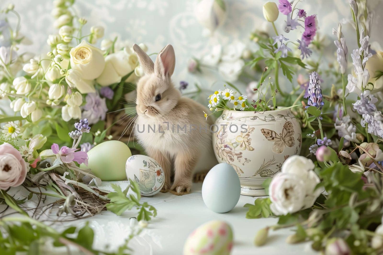 Easter bunny and Easter eggs on a light background with flowers. by ThemesS