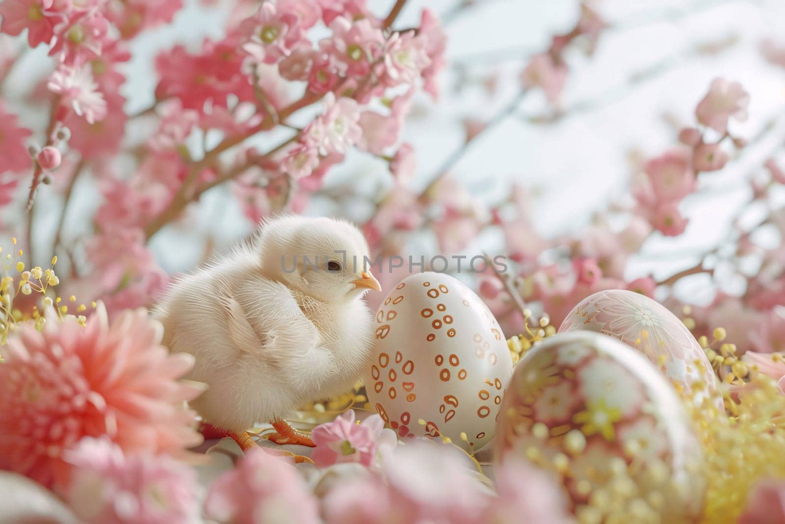 Feast of the Lord's Resurrection: Easter background with easter eggs and little yellow chicken in nest